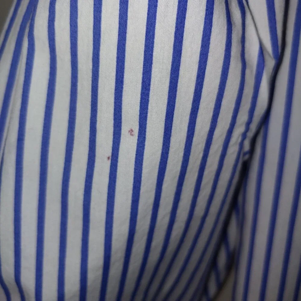Zara Denim 3/4 Balloon Sleeves Blue White Stripes Embroidered Blouse Size XS